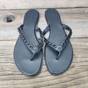 New Tory Burch Everly Perfect Black Paris Nappa Chain Thong Flat Leather Sandals